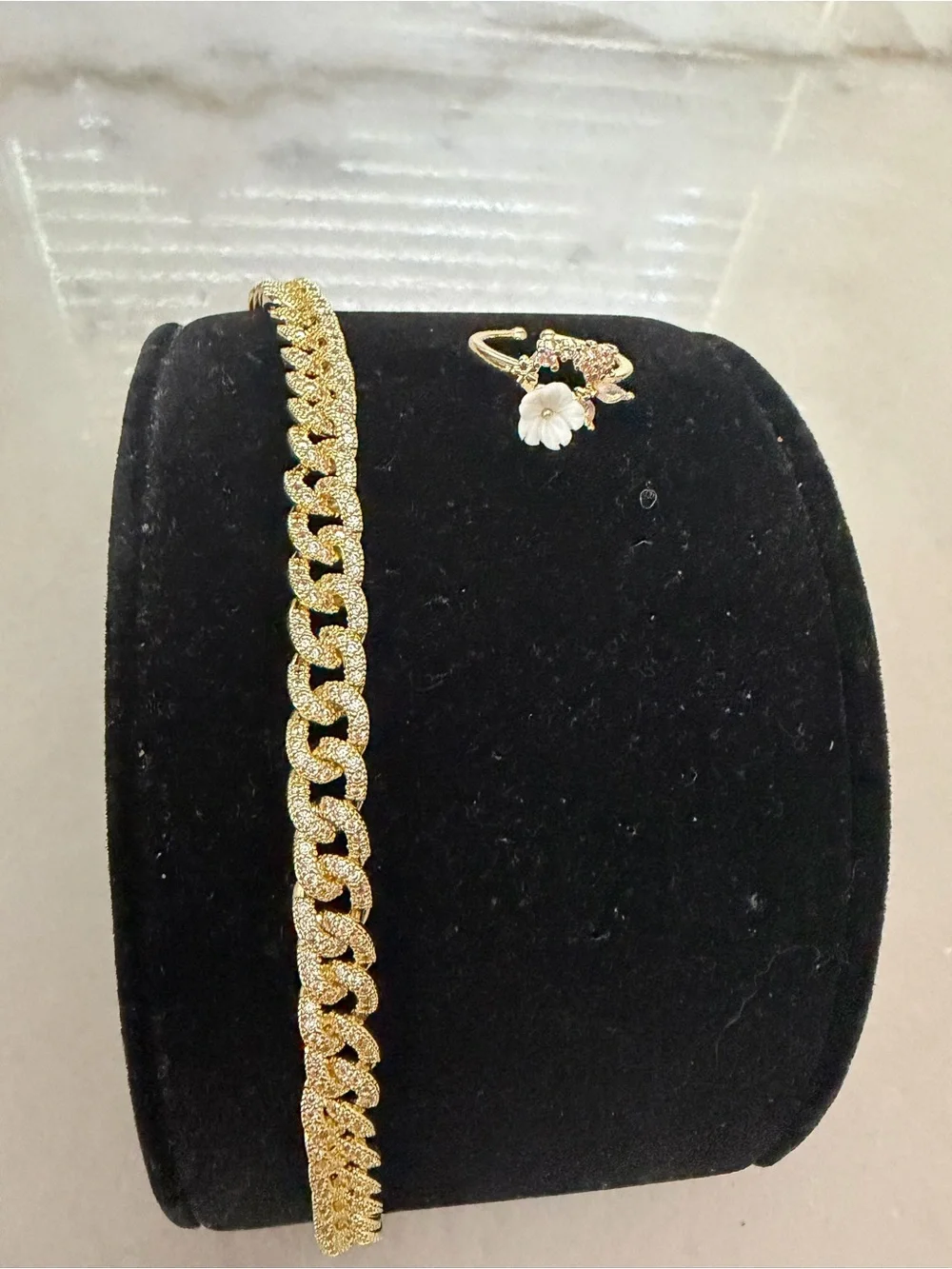 Gold Chain Bracelet with Floral Accent Ring - Women Jewelry
